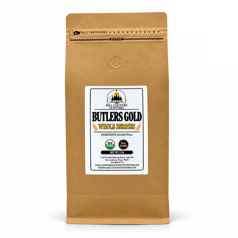 Butlers Gold organic hard red wheat berries in a five-pound bag.