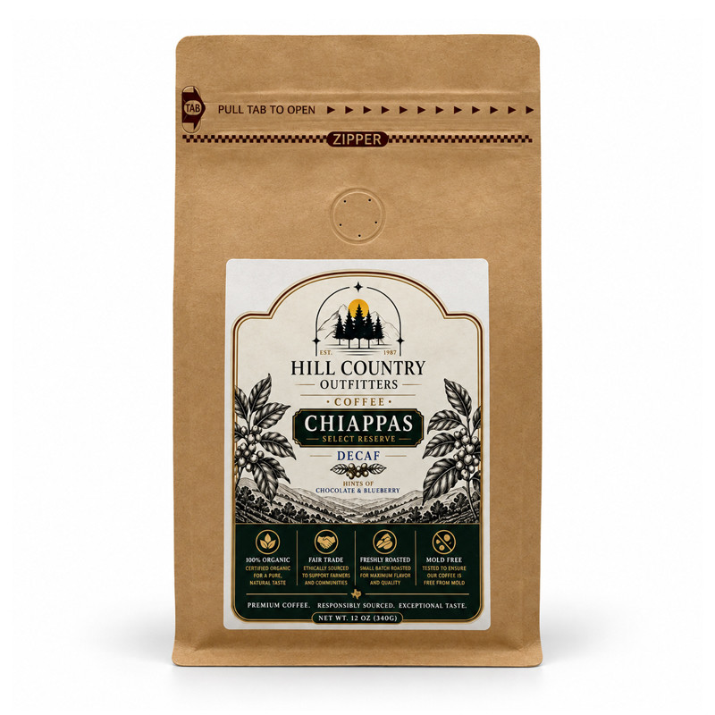 Chiappas Select Reserve organic decaf coffee in a 12-ounce bag.
