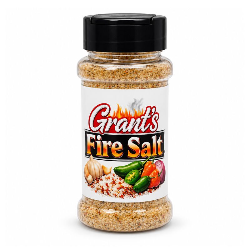 Grant’s Fire Salt spicy seasoning in a clear shaker bottle.