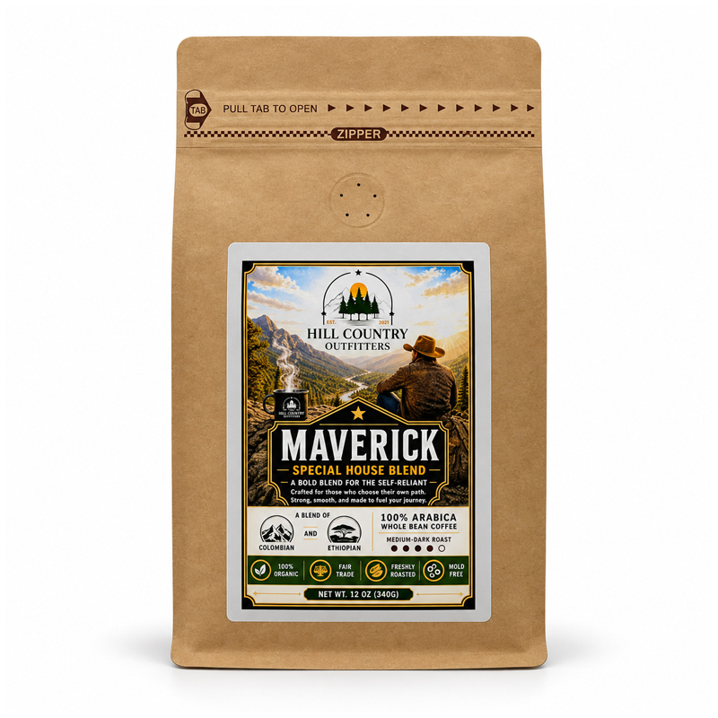 Maverick medium-dark roast whole bean coffee in a 12-ounce bag.
