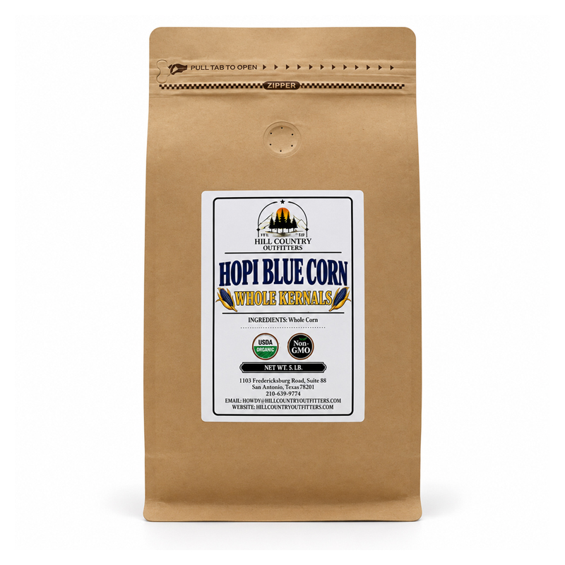 Organic Hopi blue corn whole kernels in a five-pound resealable bag.